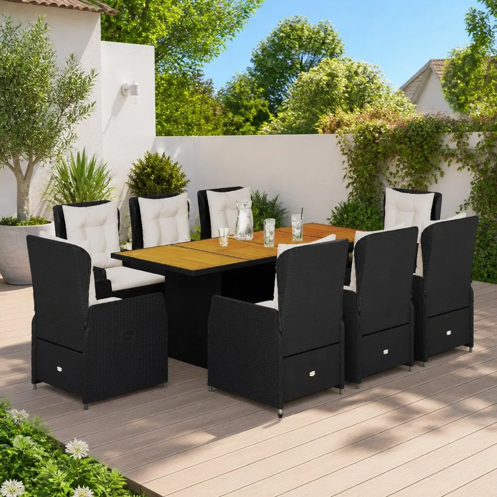 Outdoor Dining Set Poly Rattan 9 Piece Garden Furniture Black with Cushions