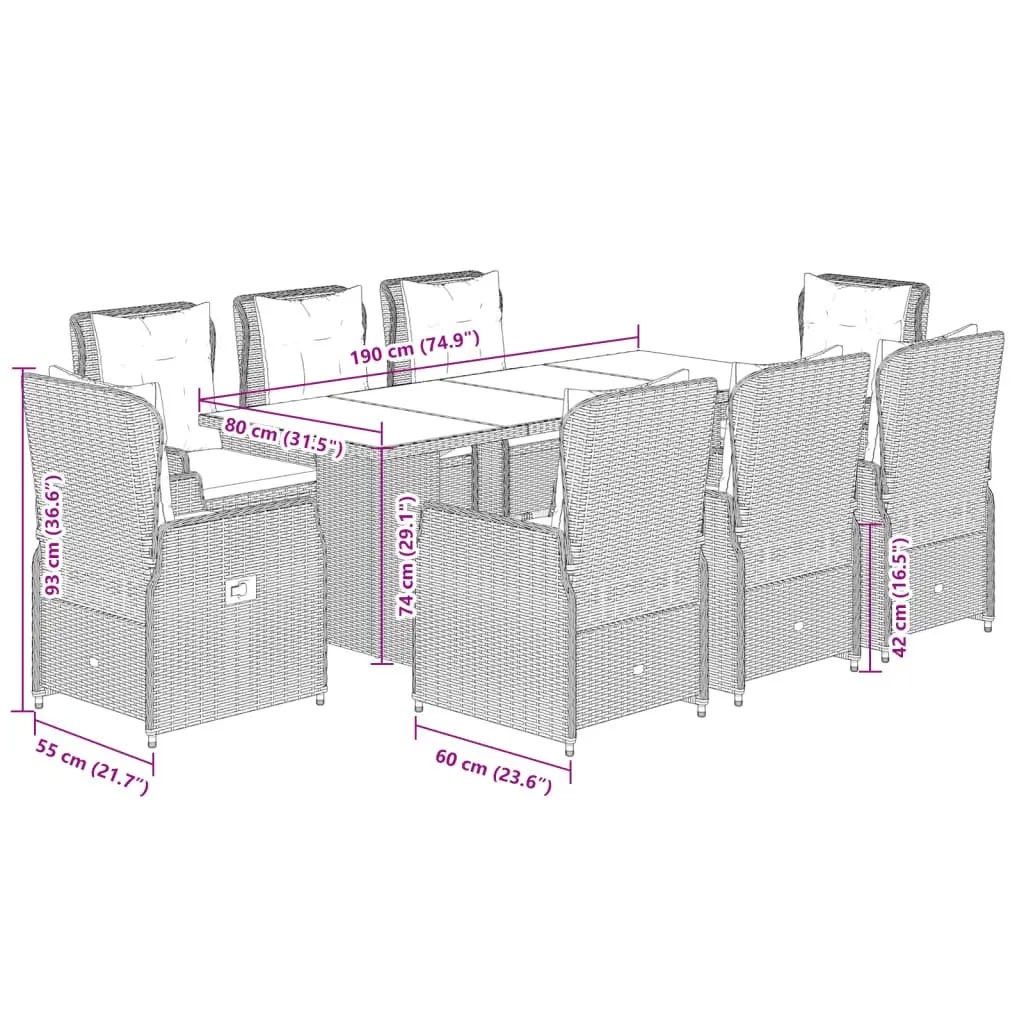 Outdoor Dining Set Poly Rattan 9 Piece Garden Furniture Black with Cushions