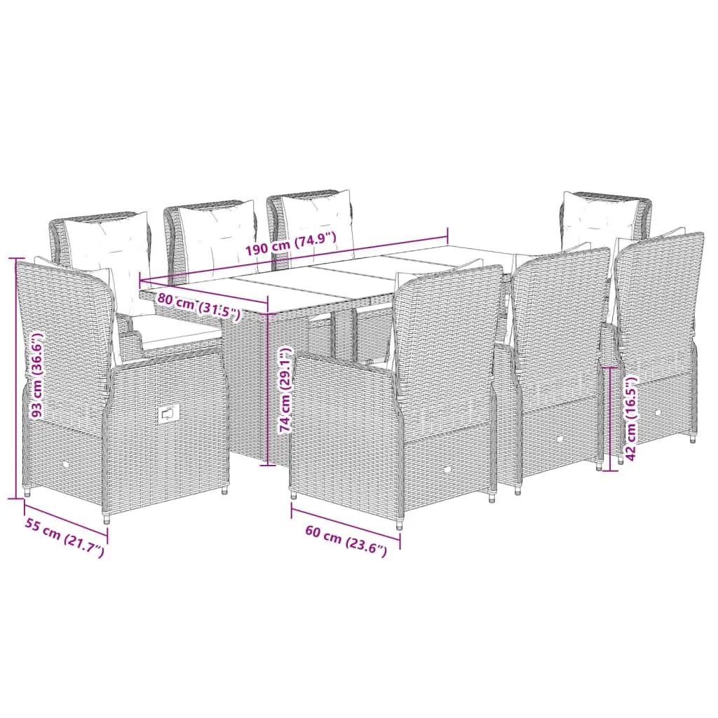 9 Piece Outdoor Dining Set Grey Rattan Furniture with Cushions Adjustable Backrest and Tempered Glass Tabletop