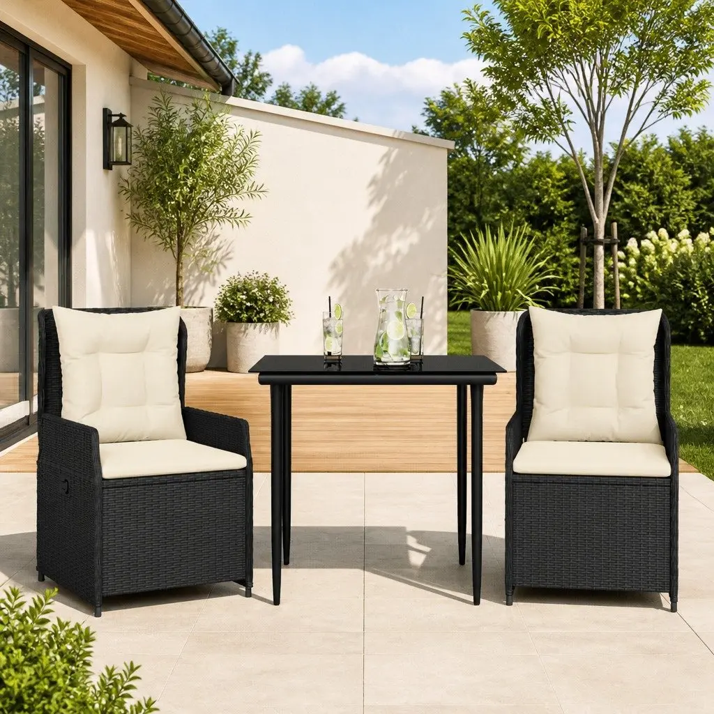3-Piece Outdoor Garden Dining Set Black Poly Rattan with Cushions Padded Chairs