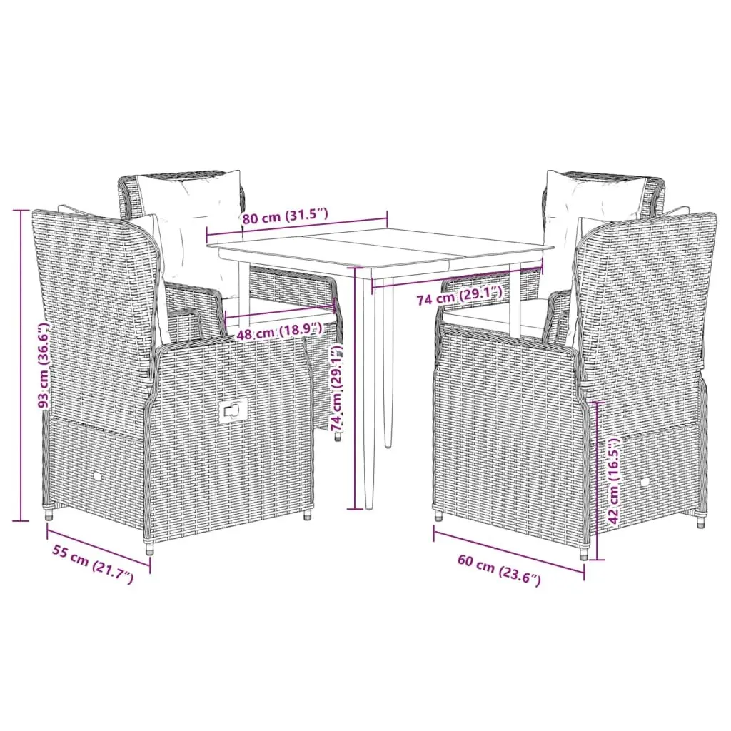 5 Piece Outdoor Garden Dining Set PE Rattan Black with Cushions Glass Table