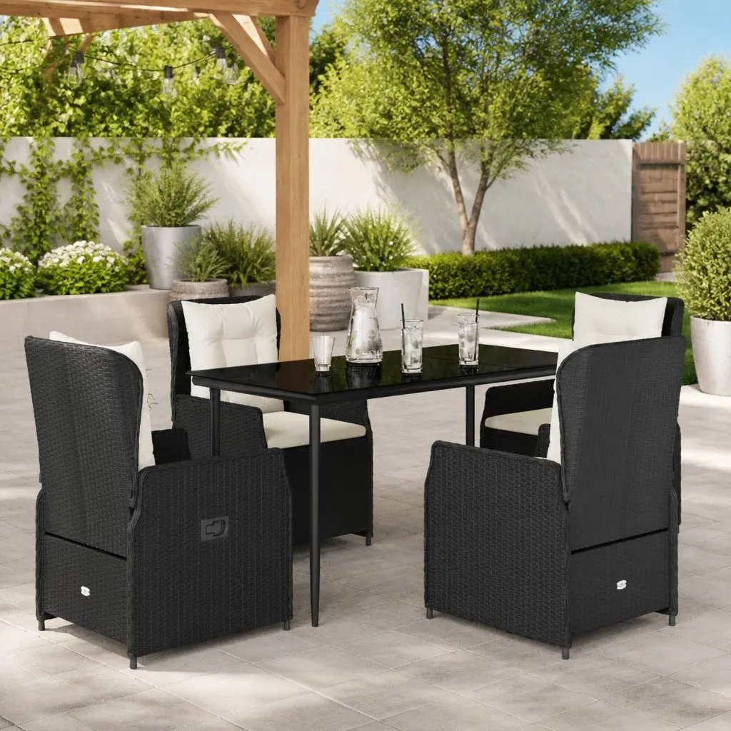 5 Piece Outdoor Garden Dining Set PE Rattan Adjustable Backrest Tempered Glass Black