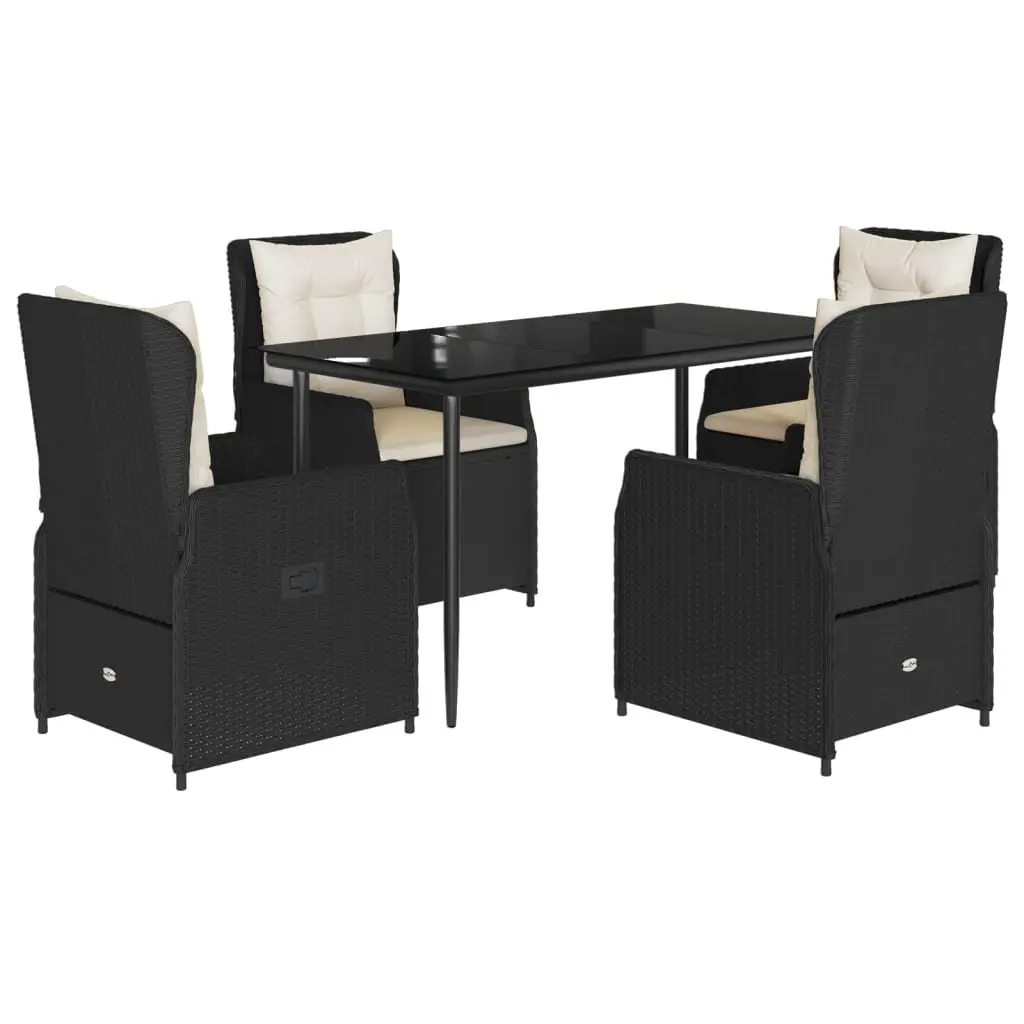 5 Piece Outdoor Garden Dining Set PE Rattan Adjustable Backrest Tempered Glass Black