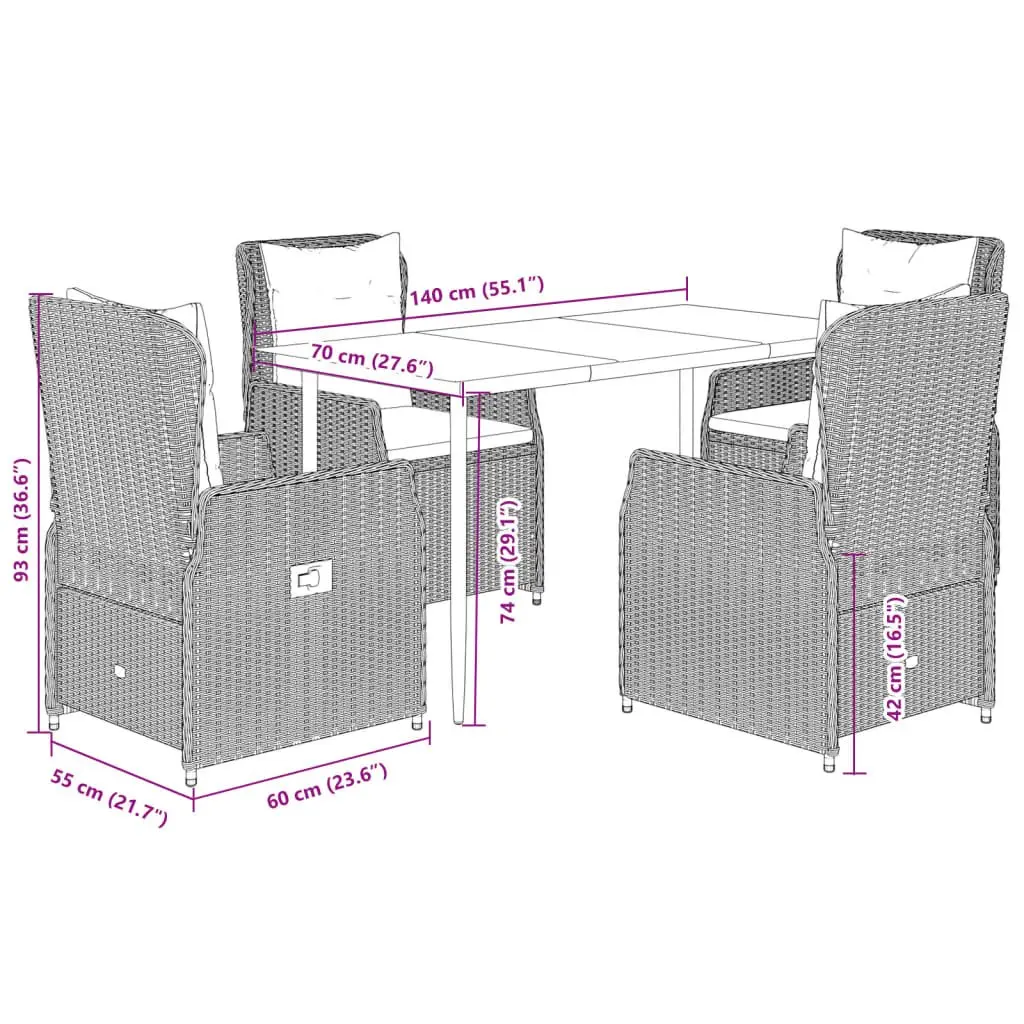 5 Piece Outdoor Garden Dining Set PE Rattan Adjustable Backrest Tempered Glass Black