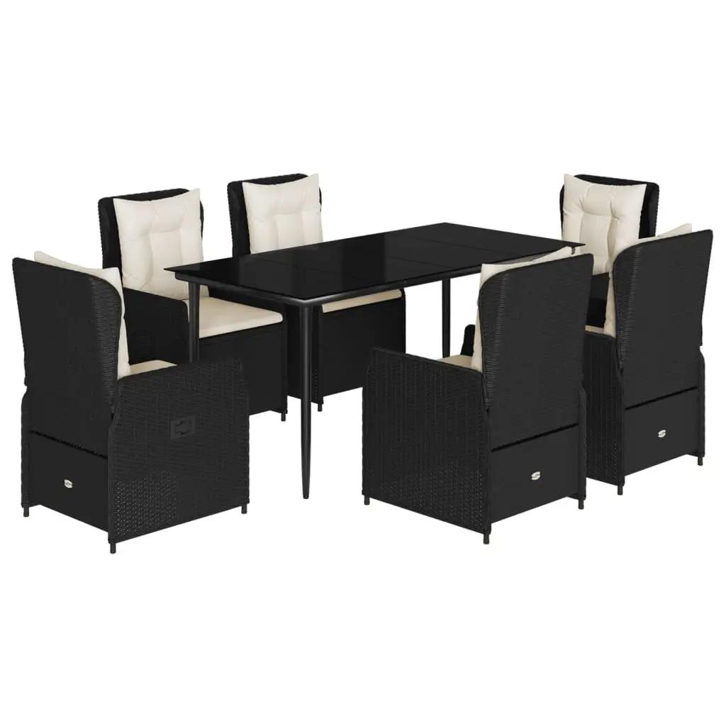7 Piece Outdoor Dining Set Poly Rattan Black Patio Chairs Table Tempered Glass