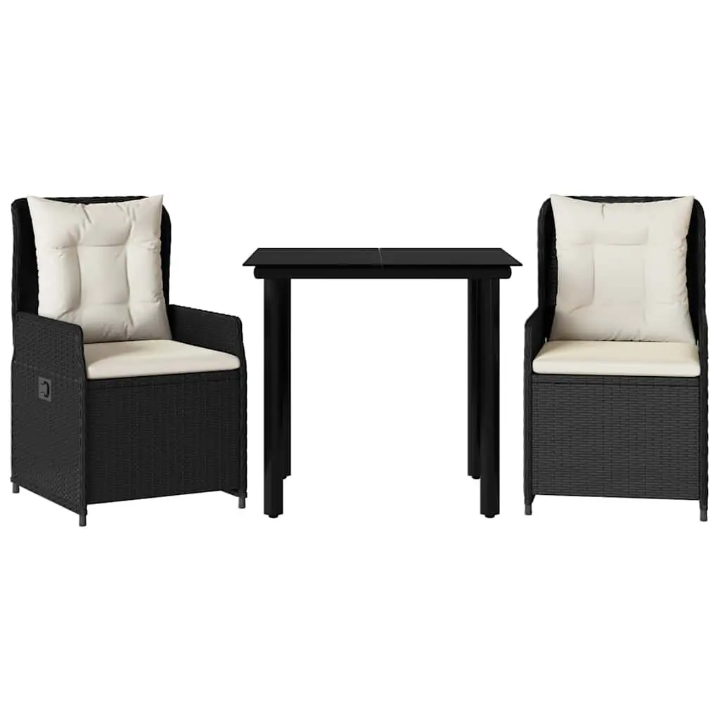 Garden Dining Set PE Rattan 3 Piece Outdoor Furniture Black with Cushions