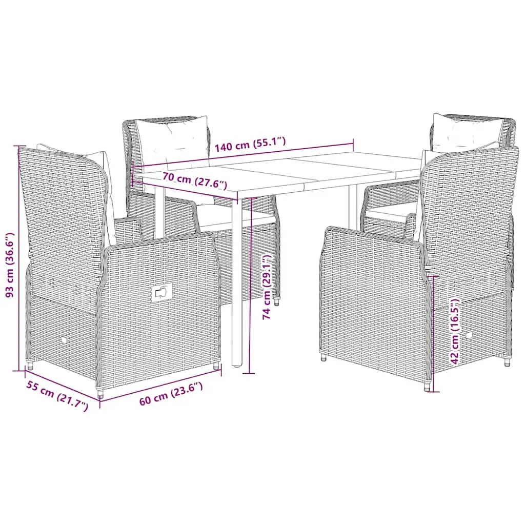 5 Piece Outdoor Dining Set PE Rattan Black Patio Table Chairs