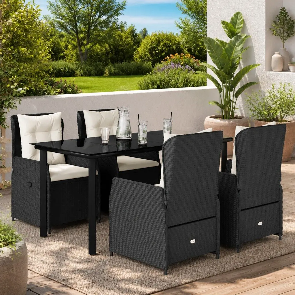 Garden Dining Set 5 Piece Outdoor Furniture Cushioned Seating Black Poly Rattan with Tempered Glass Table