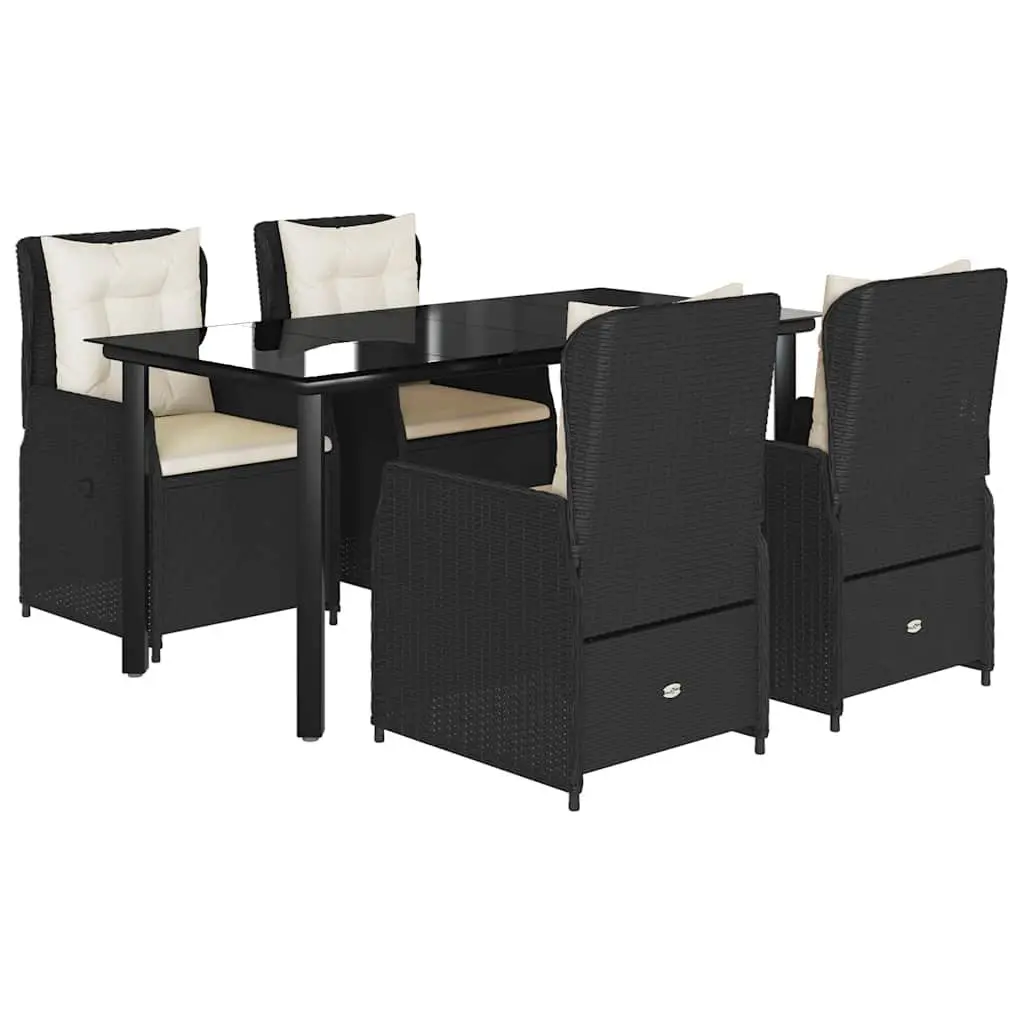 Garden Dining Set 5 Piece Outdoor Furniture Cushioned Seating Black Poly Rattan with Tempered Glass Table