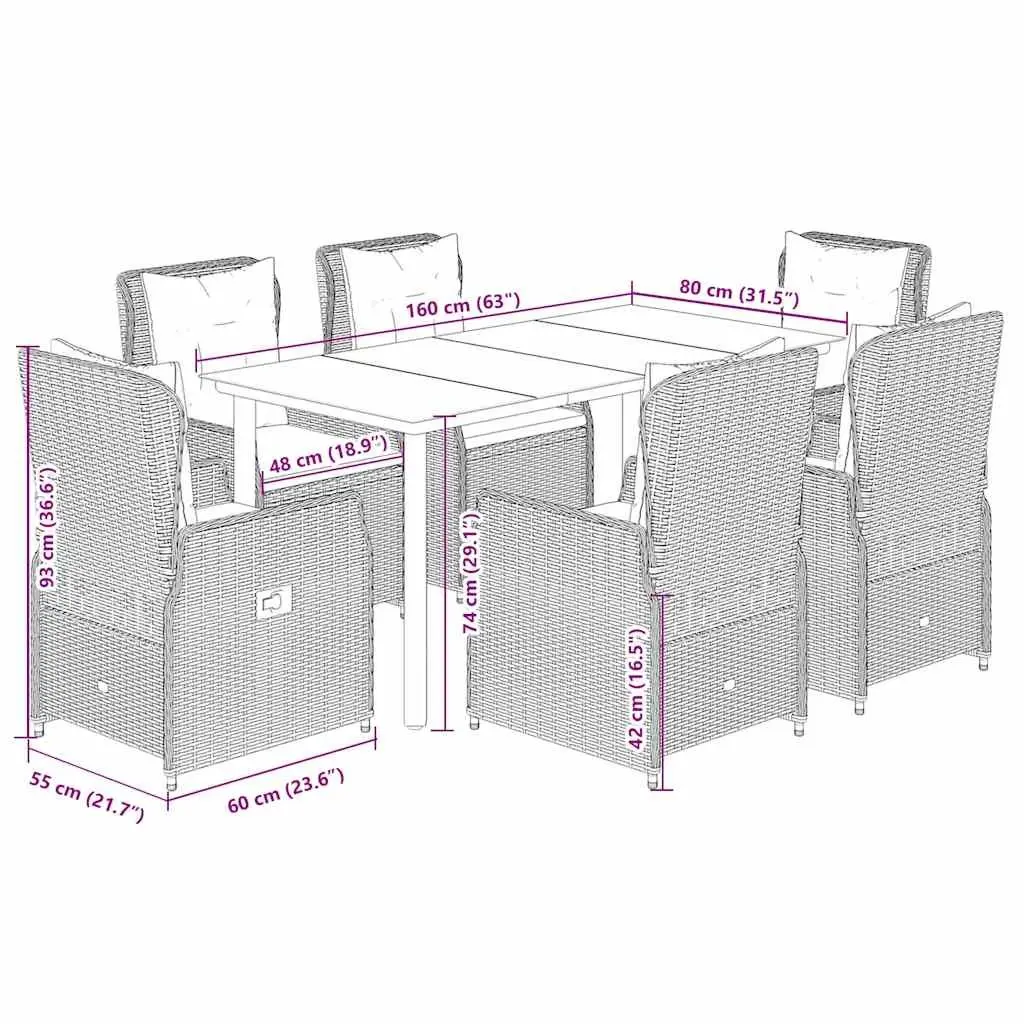 7 Piece Outdoor Dining Set Black Weather-Resistant Poly Rattan Furniture with Cushions and Tempered Glass Top