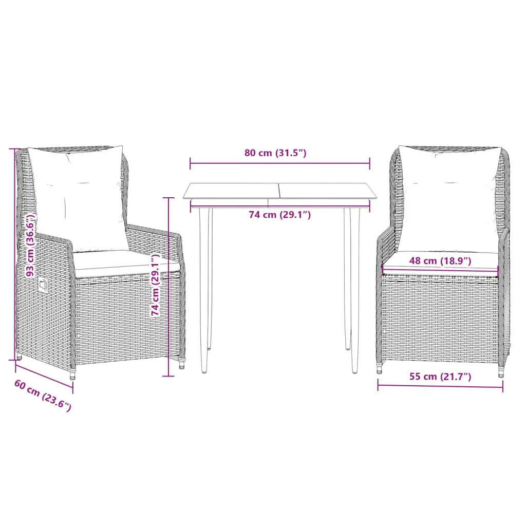 Garden Dining Set PE Rattan 3 Piece Grey Outdoor Furniture Table Chairs
