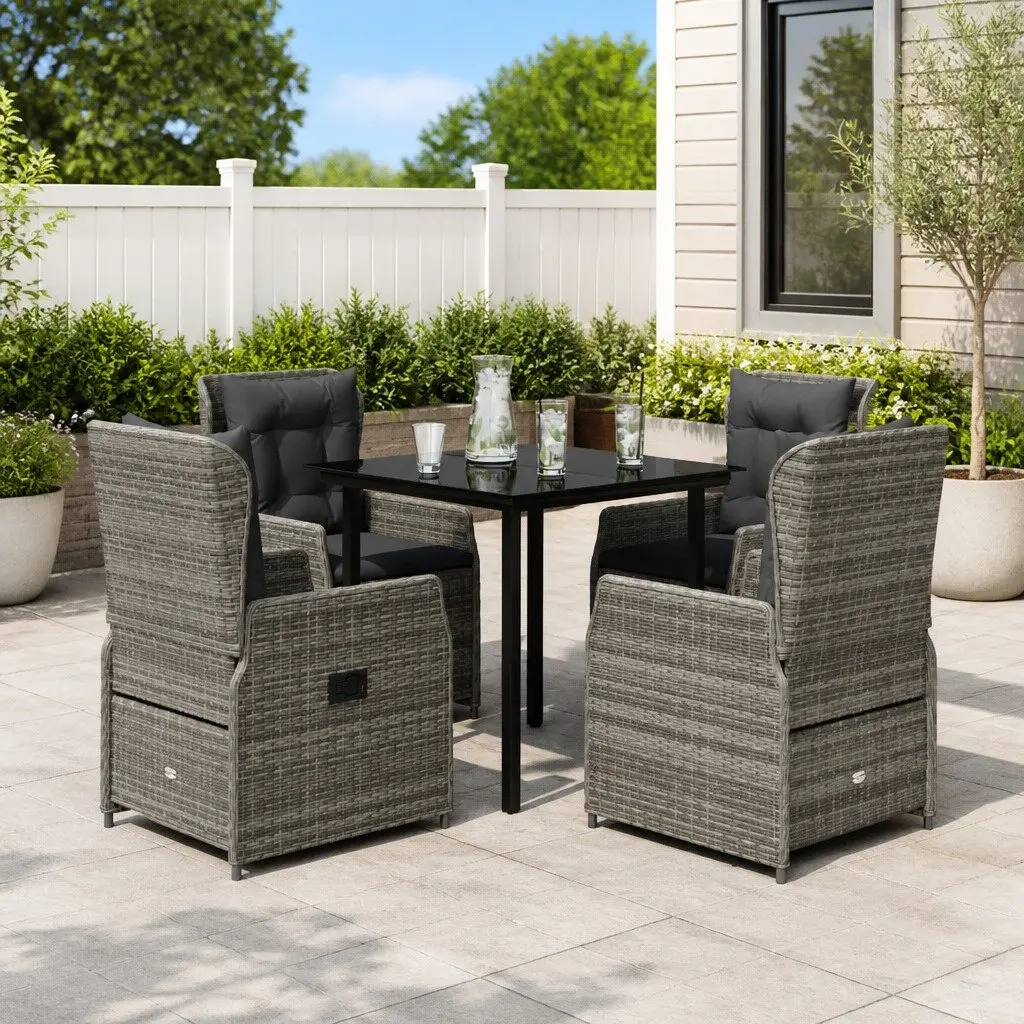 5 Piece Garden Dining Set Grey Poly Rattan Chairs Table Adjustable Backrest Outdoor Furniture
