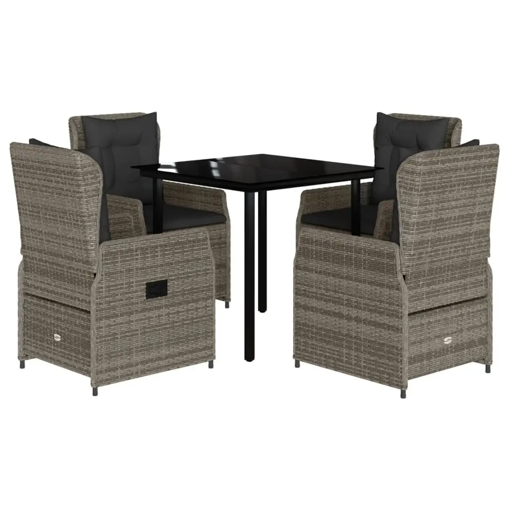5 Piece Garden Dining Set Grey Poly Rattan Chairs Table Adjustable Backrest Outdoor Furniture