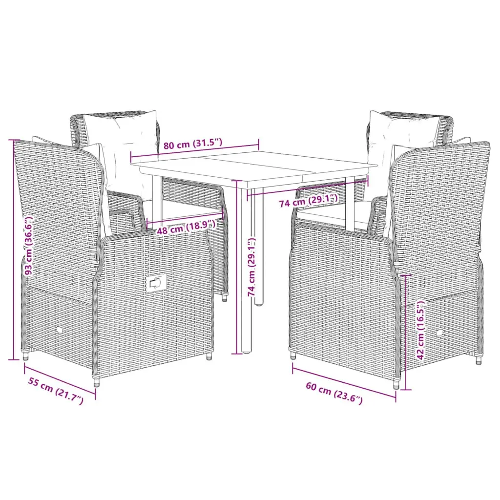 5 Piece Garden Dining Set Grey Poly Rattan Chairs Table Adjustable Backrest Outdoor Furniture