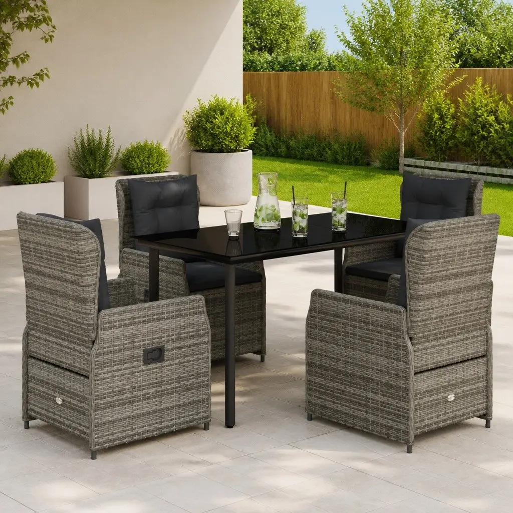 Garden Dining Set PE Rattan 5 Piece Adjustable Backrest Grey