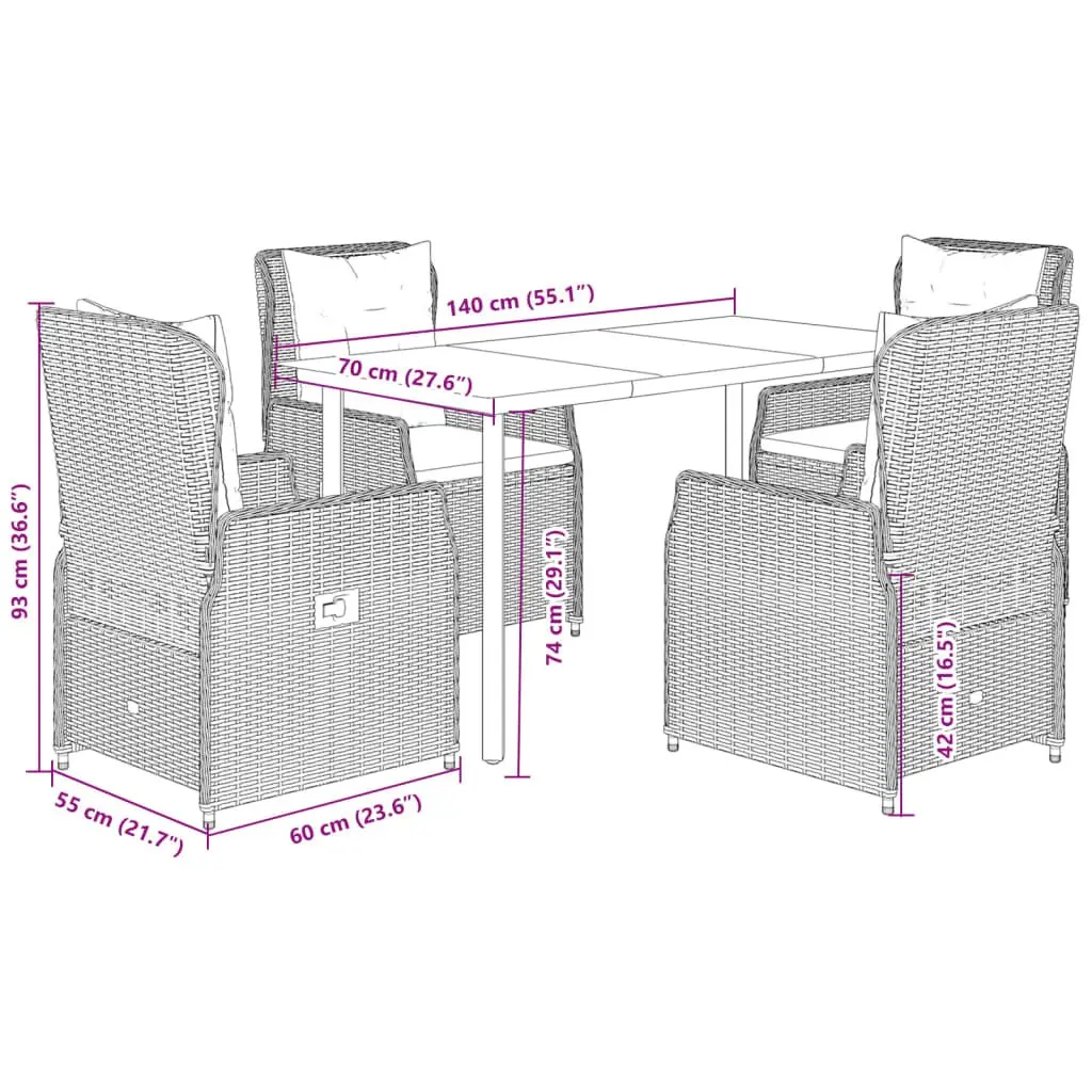 Garden Dining Set PE Rattan 5 Piece Adjustable Backrest Grey