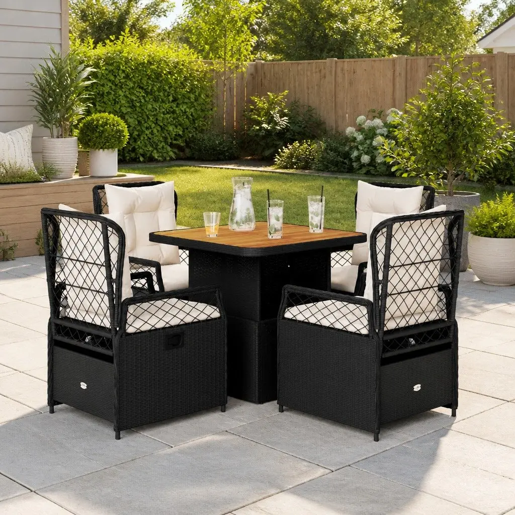 5PieceBlackPolyRattanOutdoorDiningSetWithCushionsAdjustableBackrestAndConvertibleTableTop