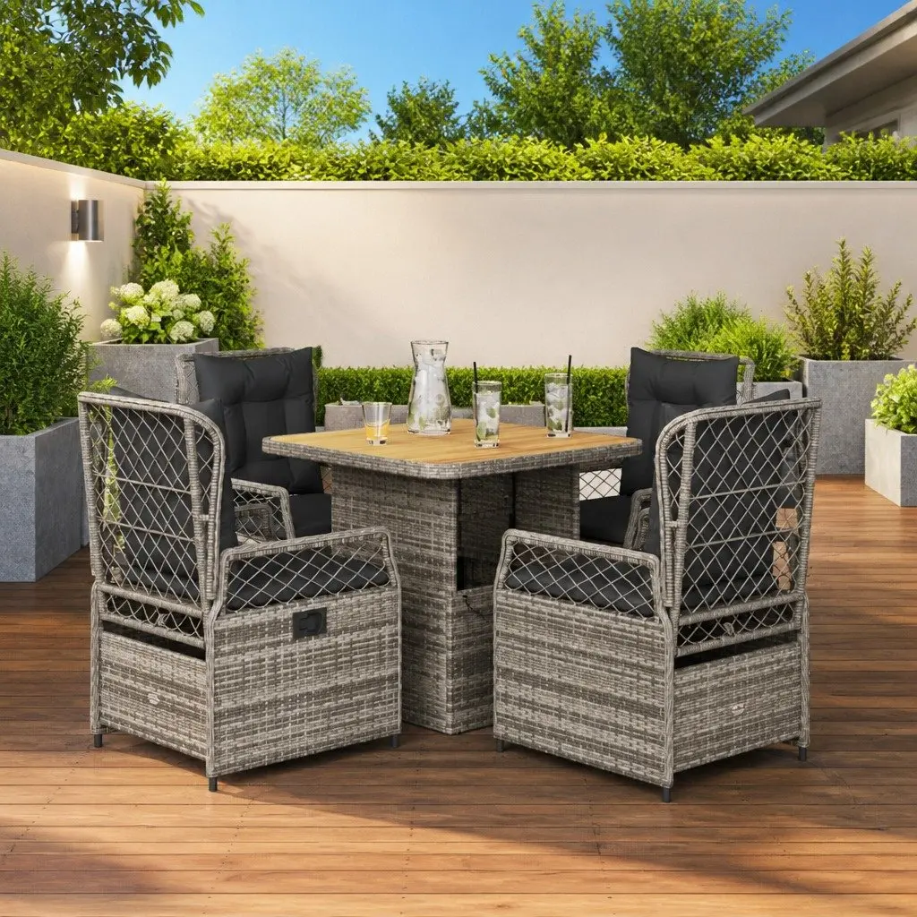 Garden Dining Set 5 Piece PE Rattan Grey with Cushions and Adjustable Acacia Wood Tabletop