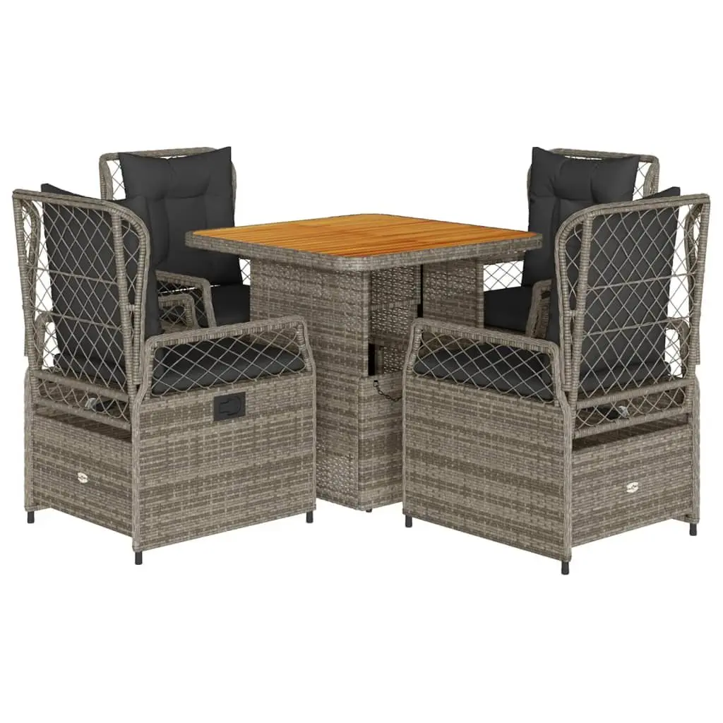 Garden Dining Set 5 Piece PE Rattan Grey with Cushions and Adjustable Acacia Wood Tabletop