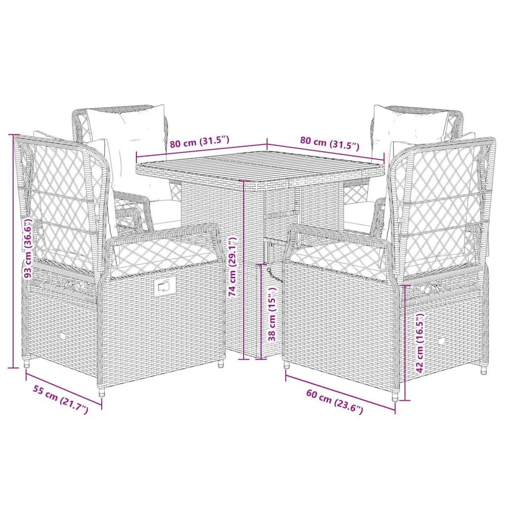 Garden Dining Set 5 Piece PE Rattan Grey with Cushions and Adjustable Acacia Wood Tabletop