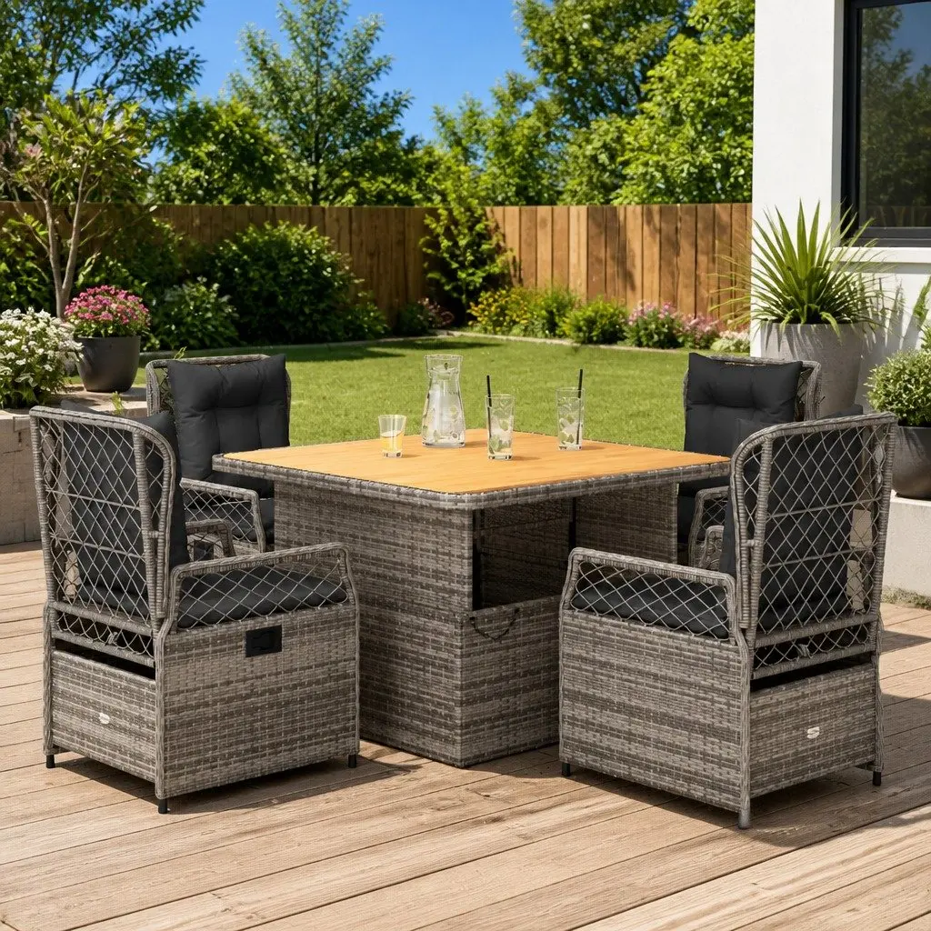 5 Piece Garden Dining Set PE Rattan Grey Outdoor Furniture with Cushions