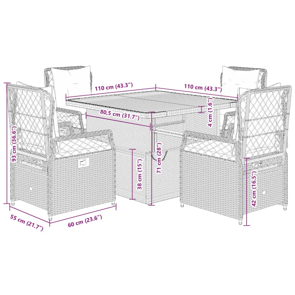 5 Piece Garden Dining Set PE Rattan Grey Outdoor Furniture with Cushions