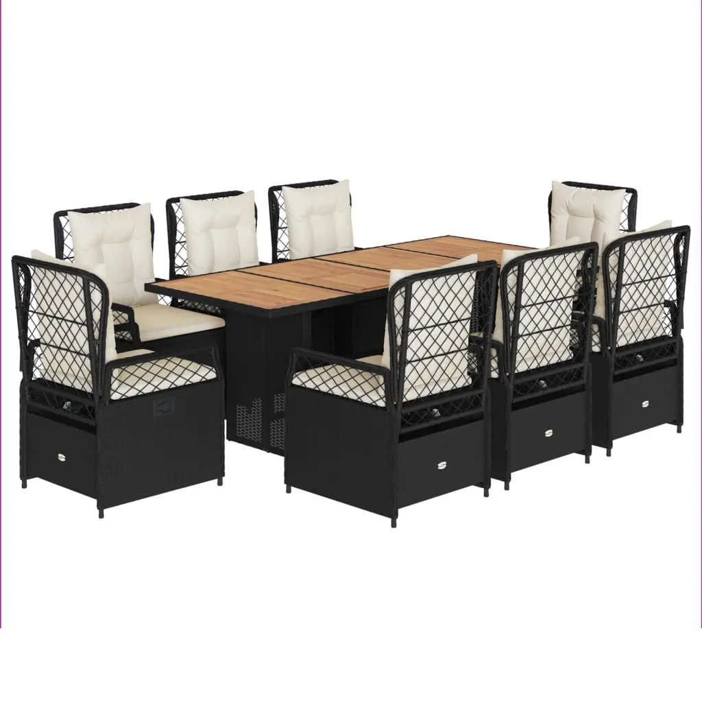 9 Piece Outdoor Dining Set Black PE Rattan Furniture Acacia Wood Table with Cushions