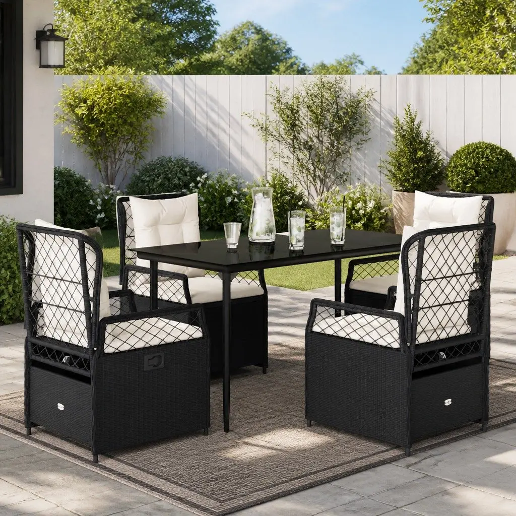 5 Piece Outdoor Furniture Patio Set Black Poly Rattan Table Chairs Cushioned Seating