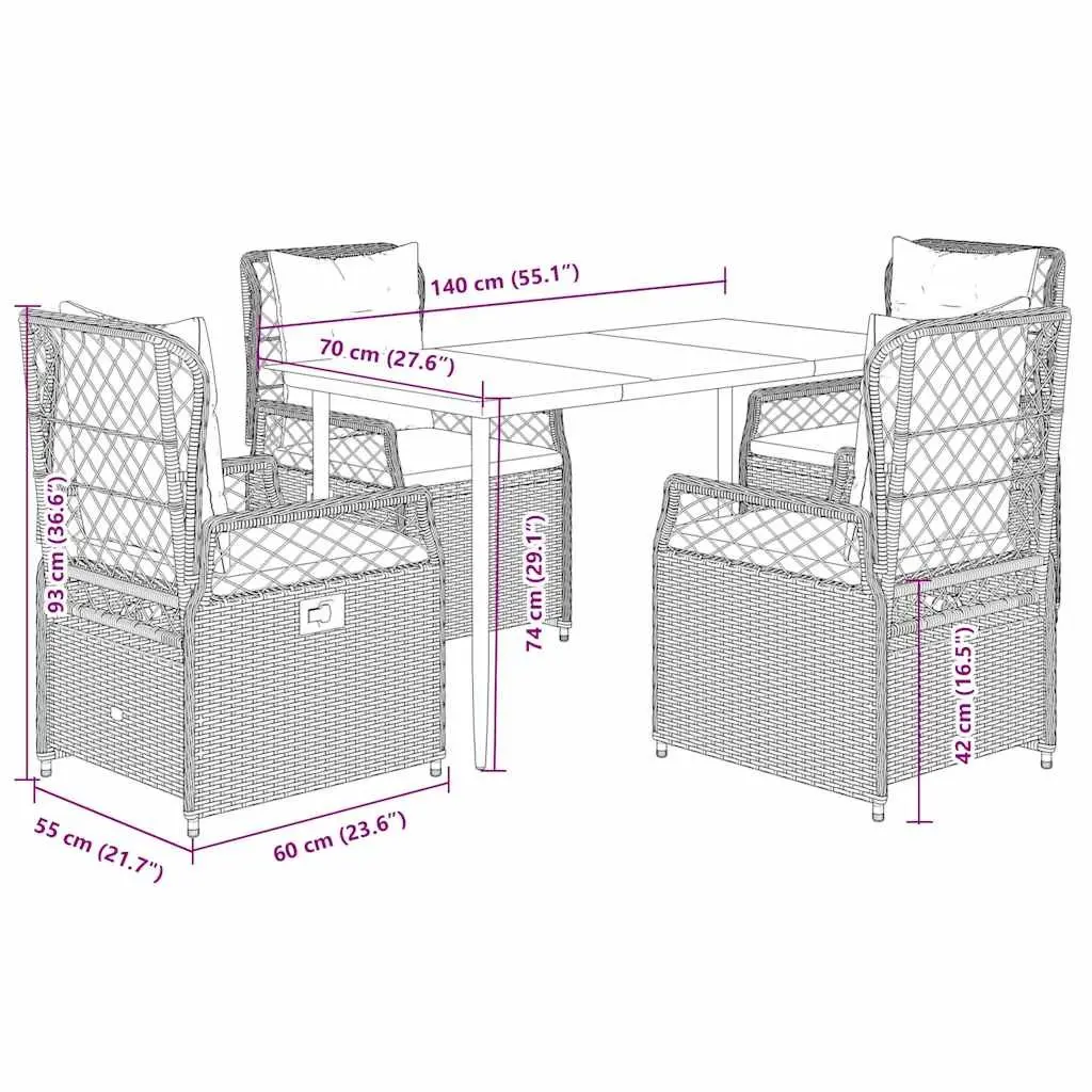 5 Piece Outdoor Furniture Patio Set Black Poly Rattan Table Chairs Cushioned Seating