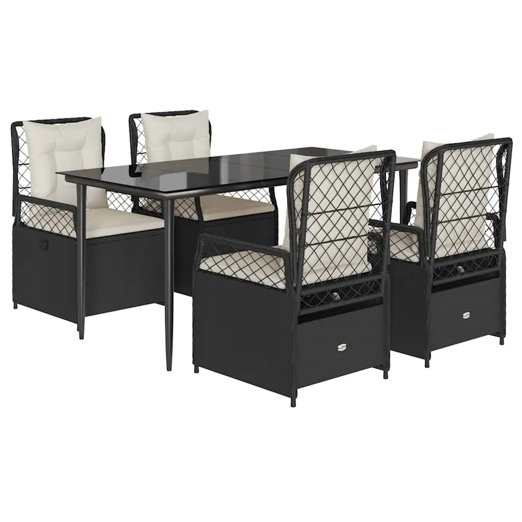 5 Piece Outdoor Dining Set Black PE Rattan Patio Furniture Table and Chairs with Adjustable Backrests