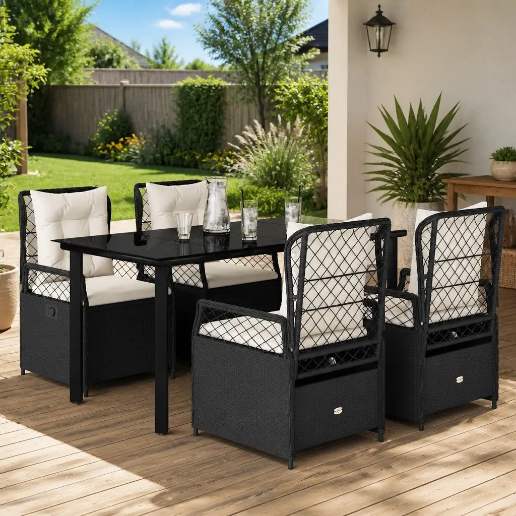 5 Piece Outdoor Furniture Set Black PE Rattan Garden Dining Set with Cushions and Tempered Glass Table