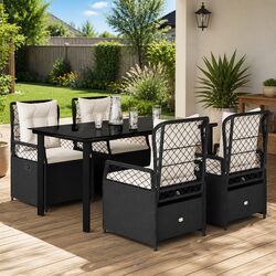 Garden Dining Set 5 Piece Black Poly Rattan Outdoor Furniture with Cushions
