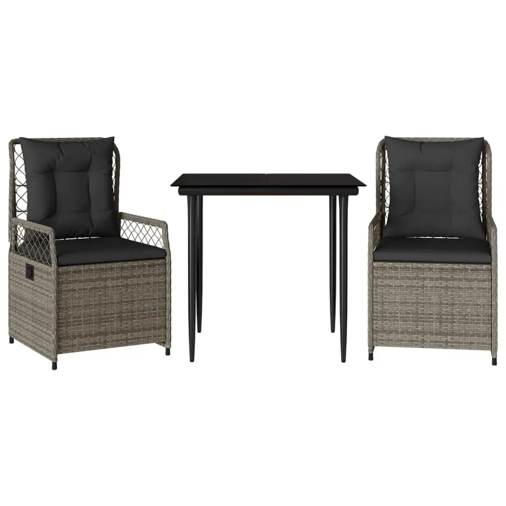 3 Piece Outdoor Furniture Set Grey Tempered Glass Top with Cushions PE Poly Rattan Construction