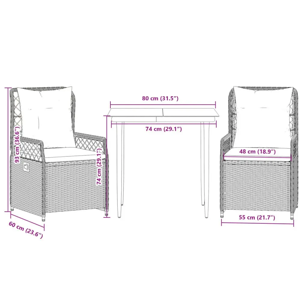 3 Piece Outdoor Furniture Set Grey Tempered Glass Top with Cushions PE Poly Rattan Construction