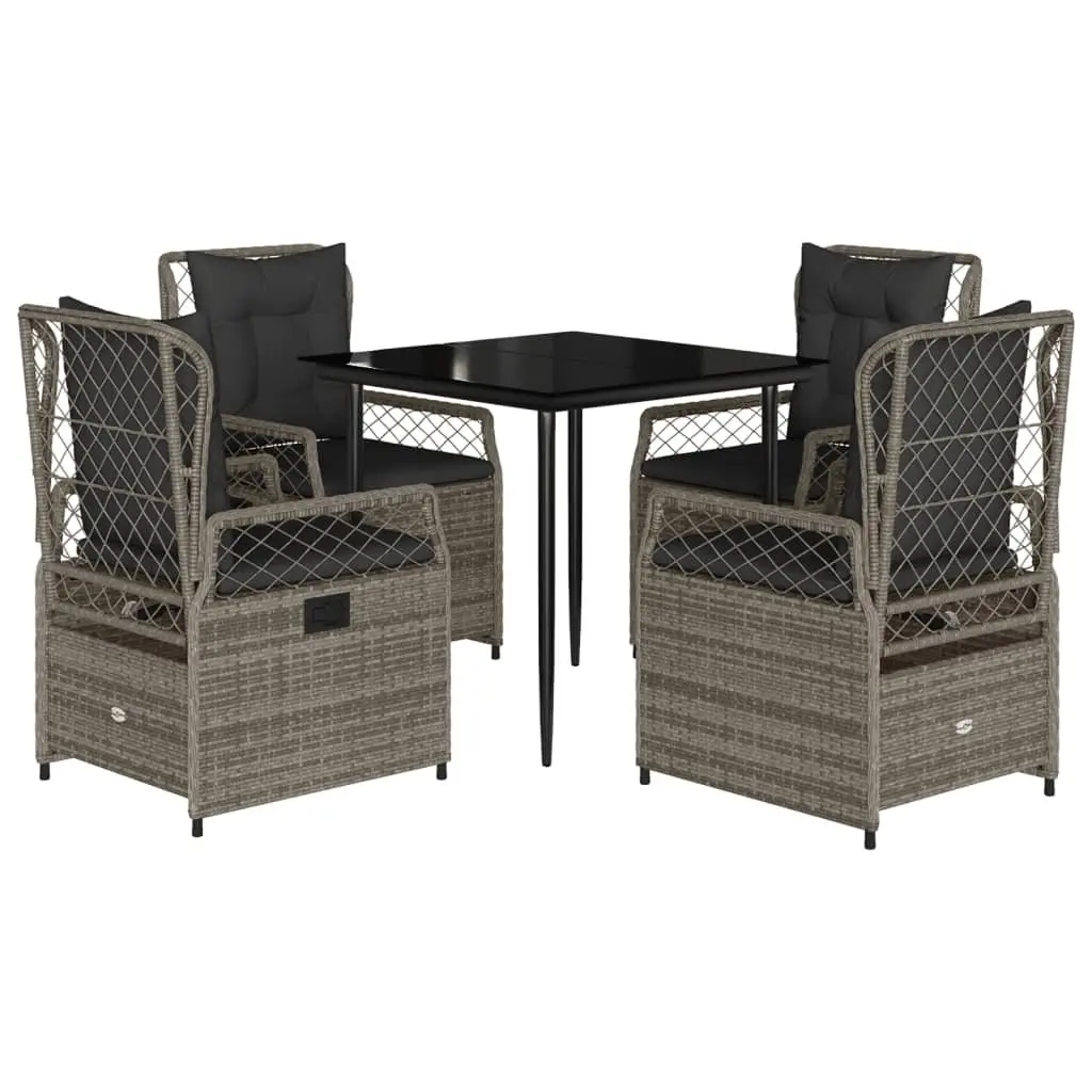5 Piece Patio Dining Set Grey Rattan Cushions Tempered Glass Top Outdoor Furniture