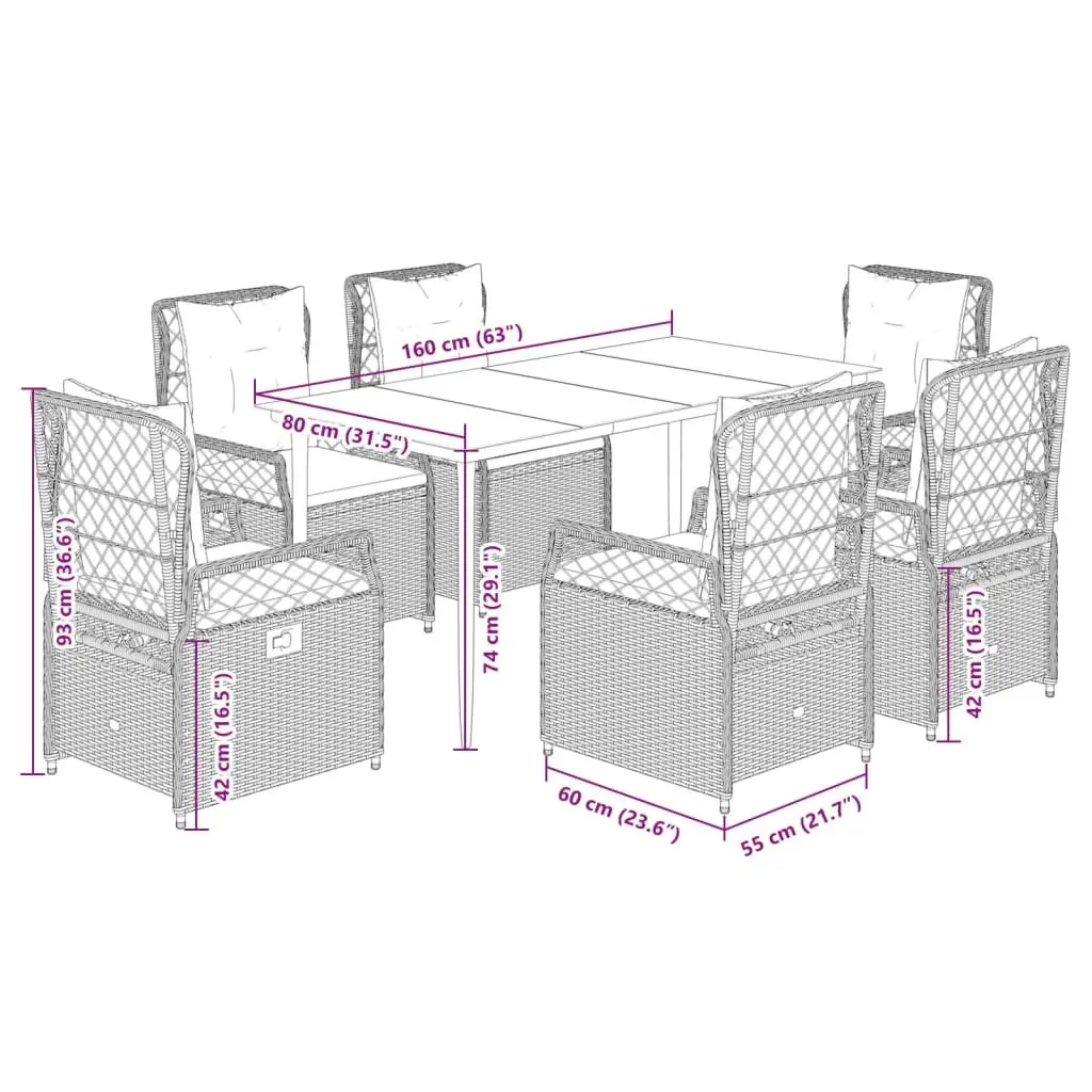 7 Piece Grey Outdoor Dining Set with Cushions