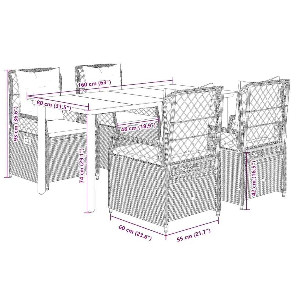 Garden Dining Set 5 Piece Outdoor Furniture Grey Poly Rattan Cushions Glass