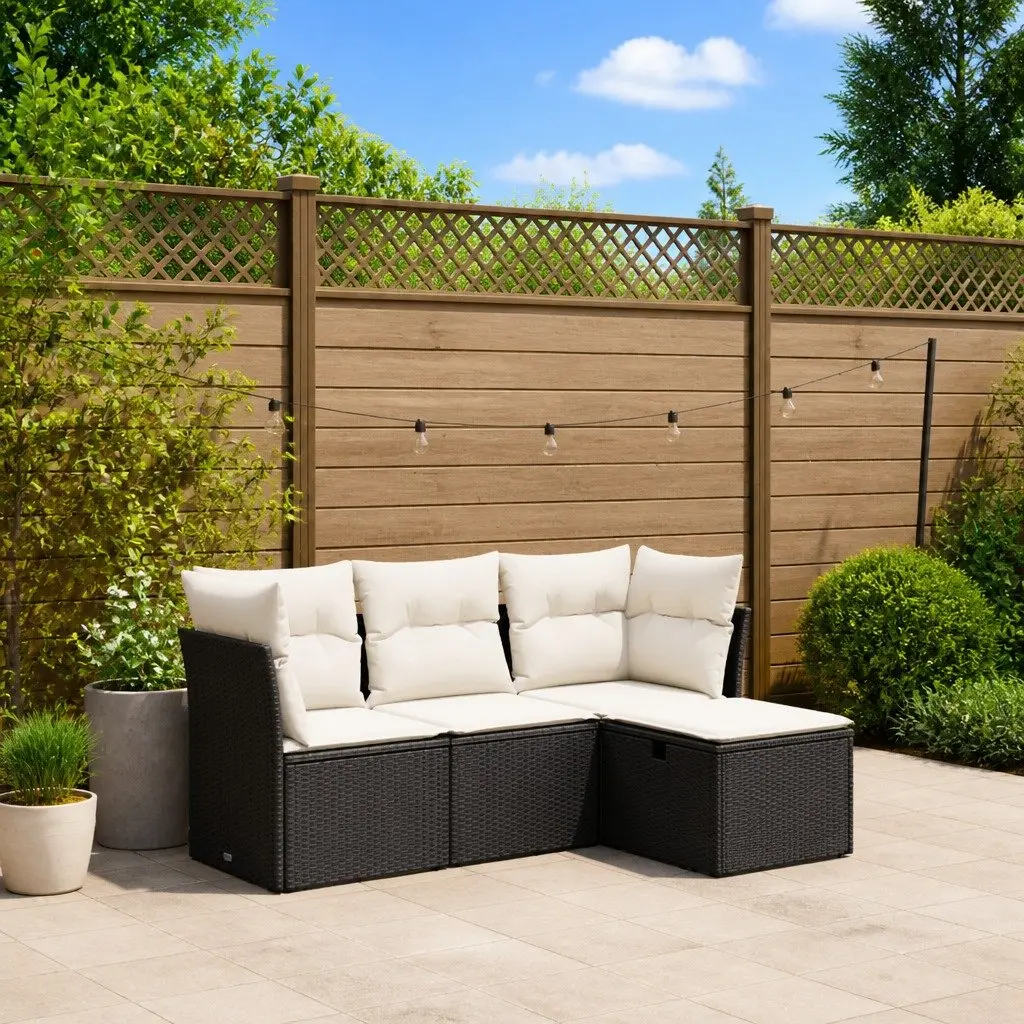 4 Piece Garden Sofa Set PE Rattan Powder-coated Steel Black with Cushions