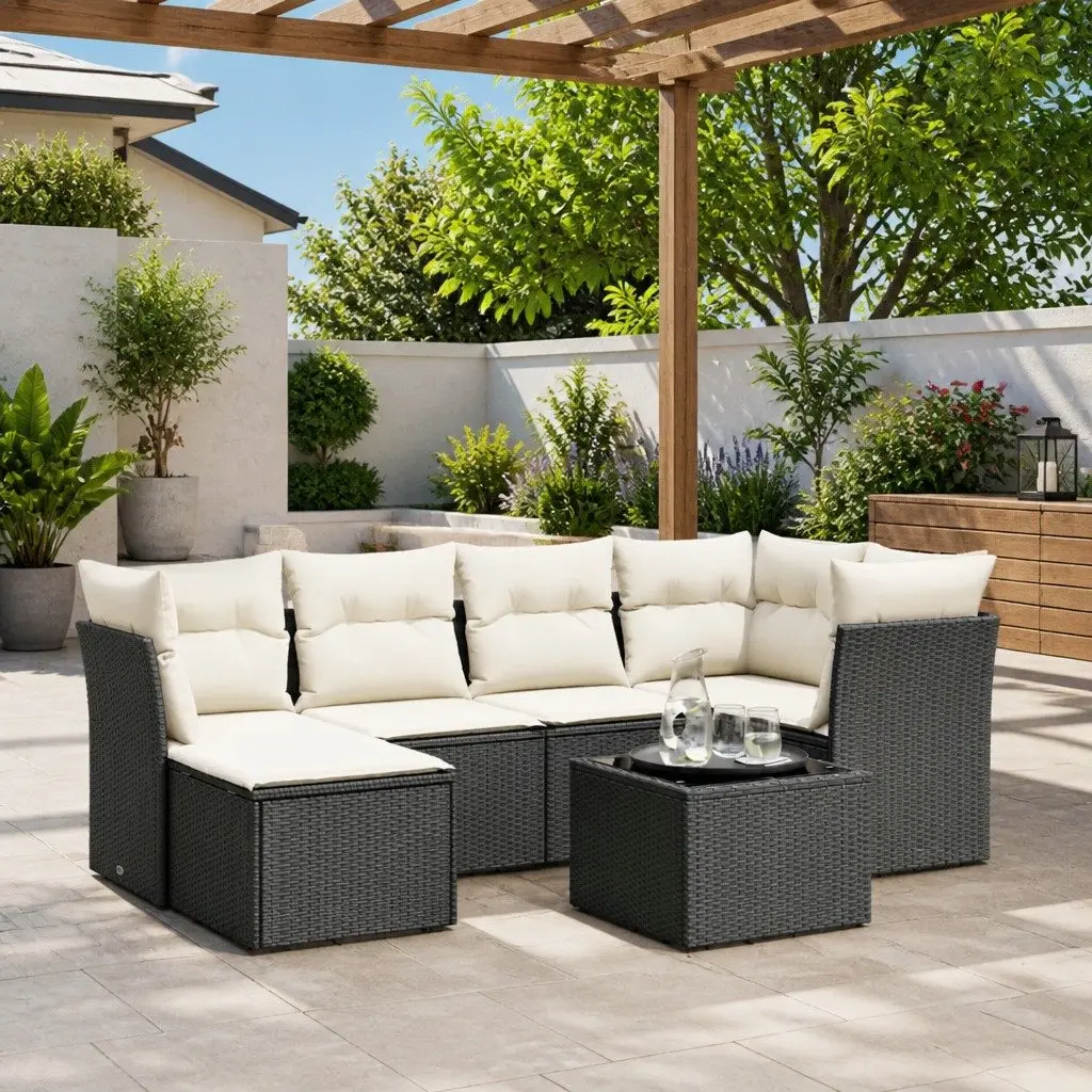 7 Piece Garden Sofa Set Outdoor Furniture Black PE Rattan with Tempered Glass Tabletop