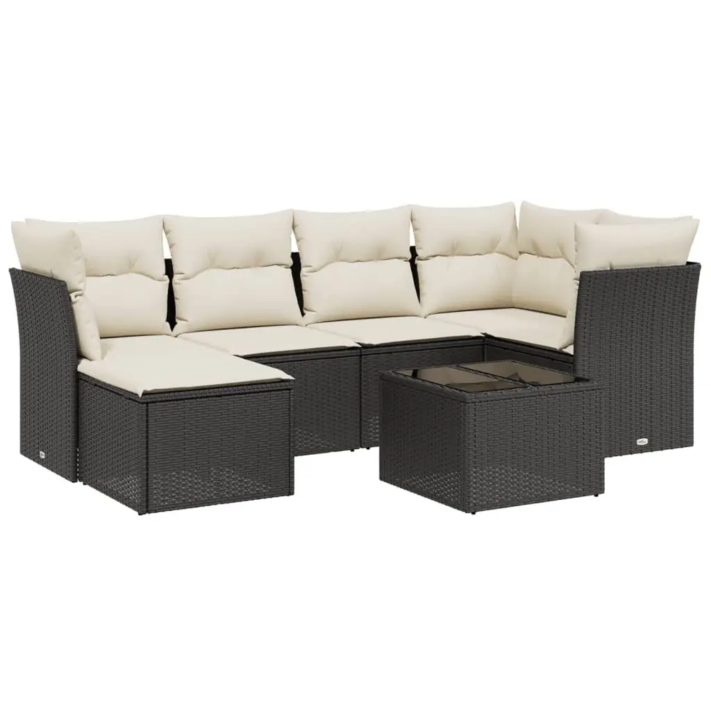 7 Piece Garden Sofa Set Outdoor Furniture Black PE Rattan with Tempered Glass Tabletop