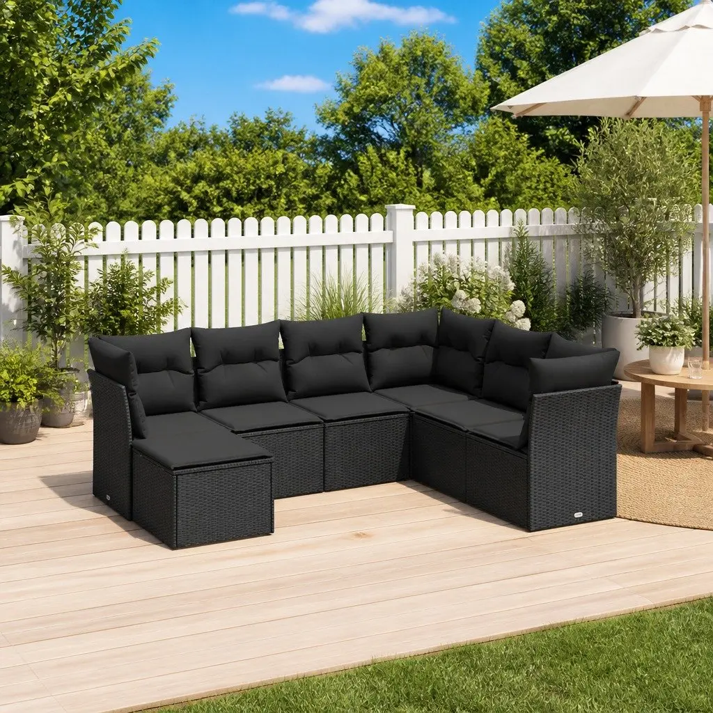 7 Piece Modular Outdoor Furniture Black PE Rattan Patio Sofa Set with Cushions