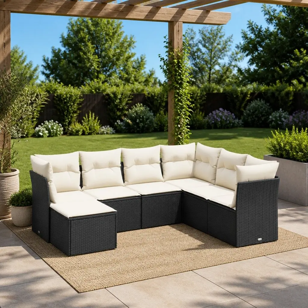 7 Piece Modular Garden Sofa Set PE Rattan Black with Cushions Outdoor Patio Furniture