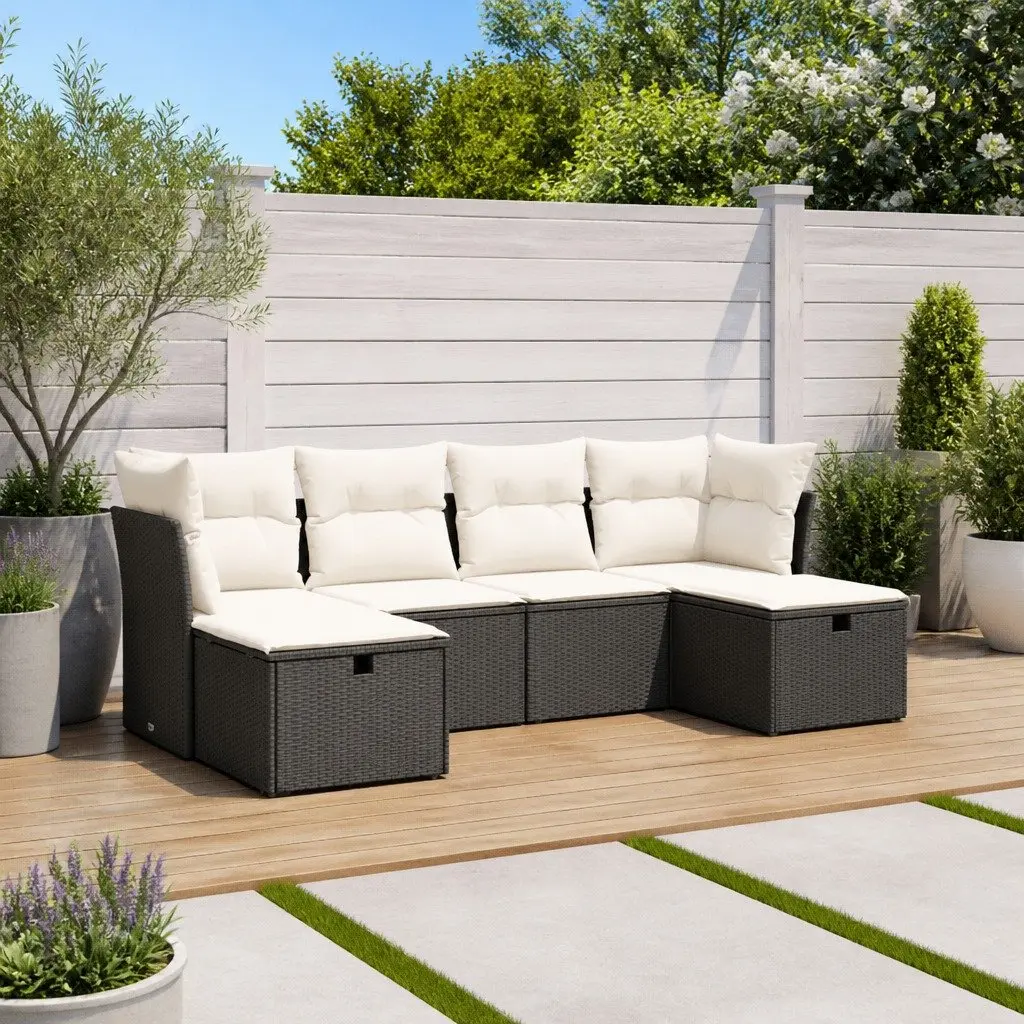 Garden Sofa Set 6 Piece Outdoor Patio Furniture with Cushions Black Rattan