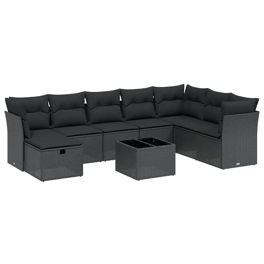 Garden Sofa Set 9 Piece Outdoor Patio Furniture with Cushions Black Poly Rattan