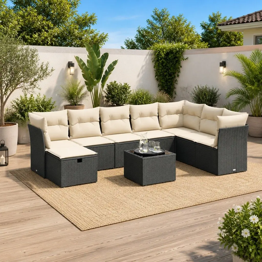 Garden Sofa Set PE Rattan 9 Piece Outdoor Furniture with Cushions Black