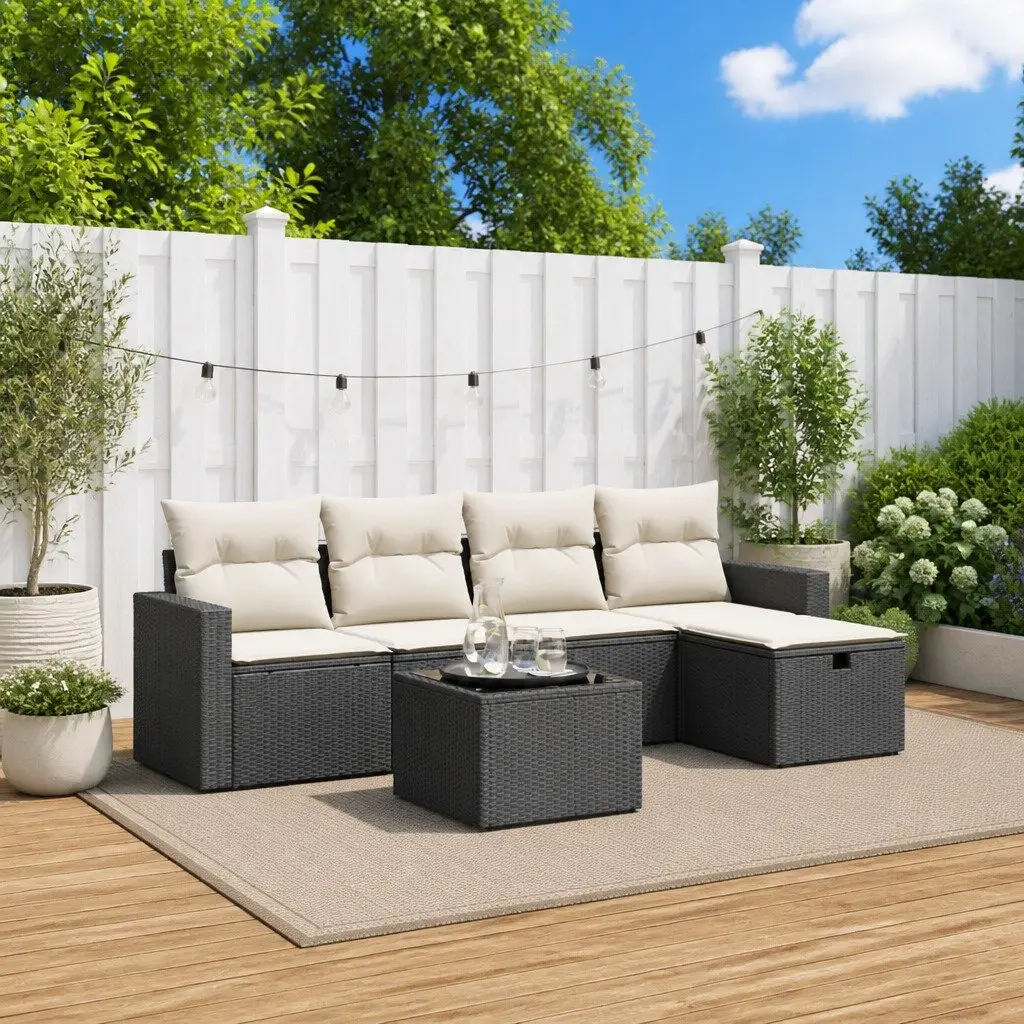 Garden Sofa Set 6 Piece Outdoor Furniture Black Poly Rattan Patio Sectional