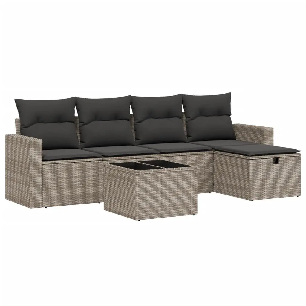 Outdoor Furniture Sofa Set Modular Grey Poly Rattan 6 Piece for Patio Lounge with Steel Frame and Tempered Glass Top