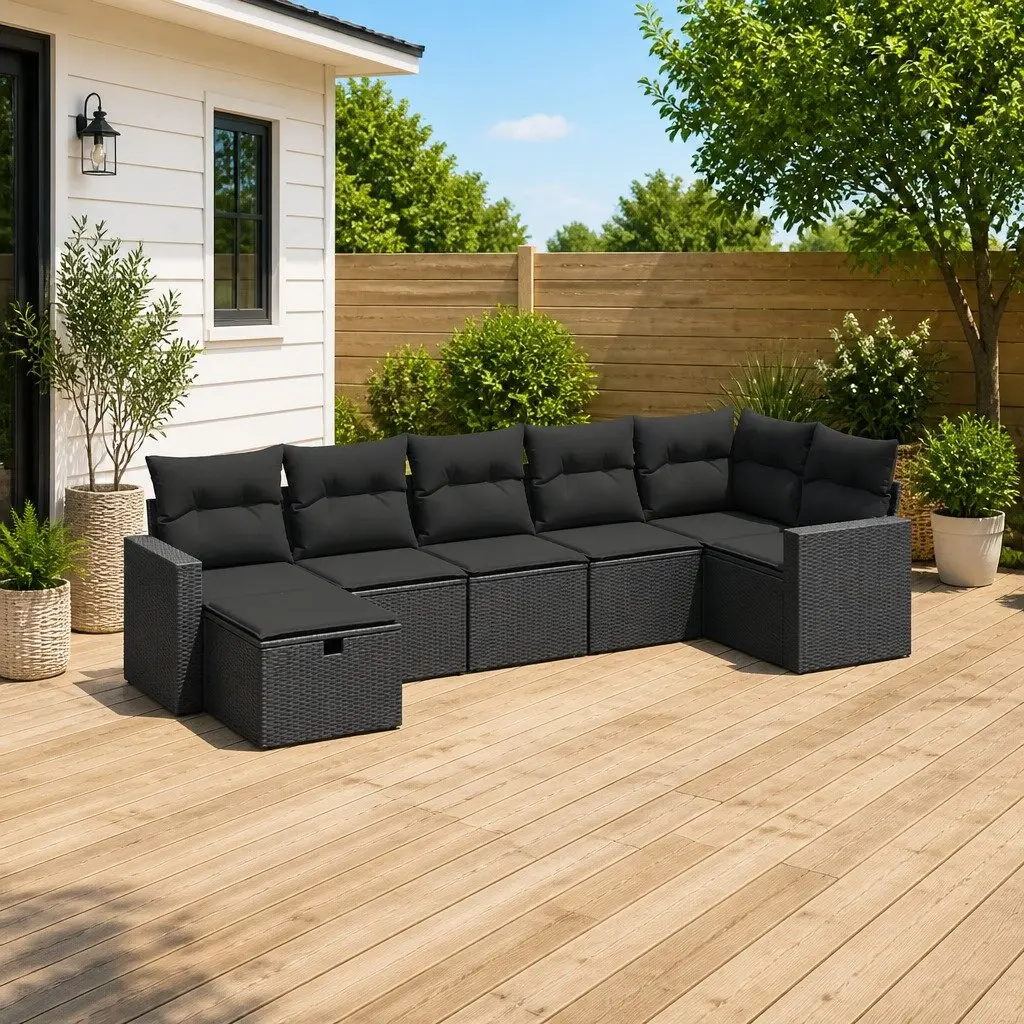 7 Piece Garden Sofa Set Poly Rattan Modular Black with Cushions