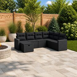 7 Piece Garden Sofa Set with Cushions Black Poly Rattan Outdoor Furniture Patio