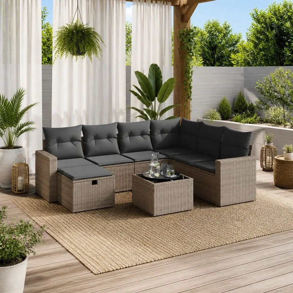 Garden Sofa Set Modular PE Rattan 8 Piece Outdoor Furniture Grey Patio Lounge